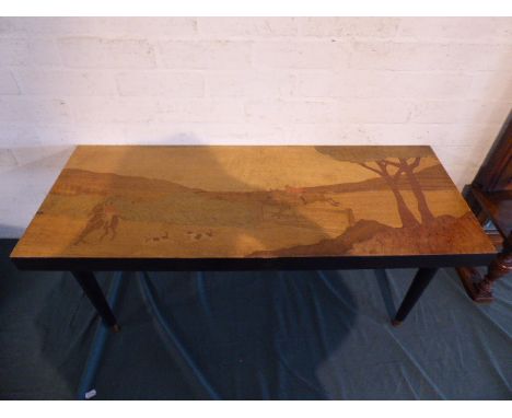 A 1960's Marquetry Table Depicting Hunting Scene with Huntsman and Hounds, 101cm Long  