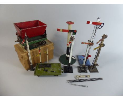 A Collection of Unboxed O Gauge Signals by Various Makes and Two Chad Valley Knights Head Tipper Truck and Antique Trolley,