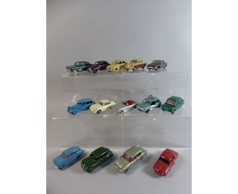 A Collection of 14 Unboxed British and French Dinky Toy Cars to Include Mini Clubman Police, Rover 75, Ford Anglia 155, Trium