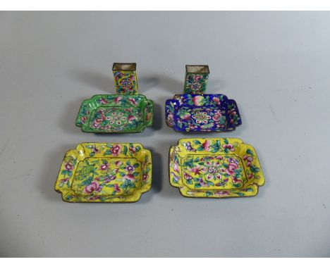 A Collection of Four Oriental Enamel Trinket Dishes and Two Matching Matchbox Holders