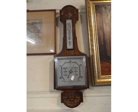 An Edwardian Oak Aneroid Wall Barometer with Temperature Scale, 66cm High 