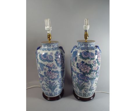 A Pair of Large Oriental Ceramic Table Lamps on Wooden Bases, Each 50cm high 
