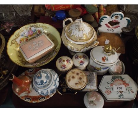 A Tray of Ceramics to Include Decorated Hand Painted Fruit Bowl, Trinket Boxes, Wall Hanging Salt Pot etc 