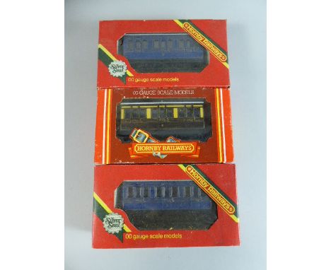 Three Boxed OO Gauge Hornby Four Wheel Coaches to Comprise of Two R212 Blue with Gold Lining No. 12 and R.213 GWR Brown and C