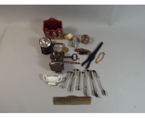 A Box of Curios to include Ceramic Wall Hanging Pouch, Vintage Torches, Glass Paper Weight, Collection of Sugar Bows
