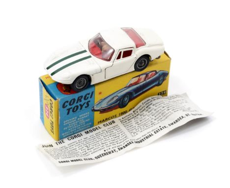 Corgi Toys 324 Marcos 1800 G.T. with Volvo engine, white body with dark green stripes to bonnet, red interior with painted se