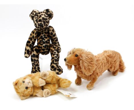 A 1950's/1960's Steiff (Germany) Waldi mohair Dachsund Dog, 28cm long; a Steiff (Germany) 074578 Minka, trademark 'Steiff' bu