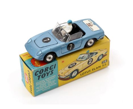 Corgi Toys 318 Lotus Elan S2., steel blue body with black interior, seated plastic driver figure, racing number '7' decals to