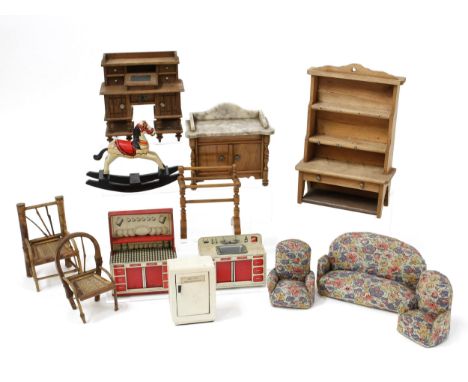 Dolls House Furnishings - a collection of dolls house furniture, first-half 20th century and later, comprising a pine constru