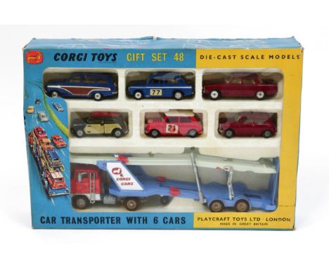 Corgi Toys Gift Set 48, comprising 1138 Carrimore car transporter with Ford tilt cab, orange cab with two tone blue transport