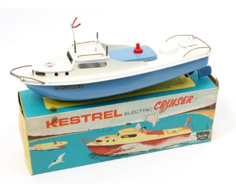 A 1960's Sutcliffe Model tinplate and battery operated 'Kestrel' cruiser, pale blue hull with white deck, pale blue battery b