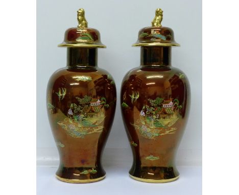 A pair of Carlton Ware Rouge Royale vases with lids, 37.5cm