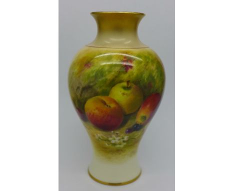 A Royal Worcester vase, hand decorated with fruit, signed Ricketts, 14.5cm