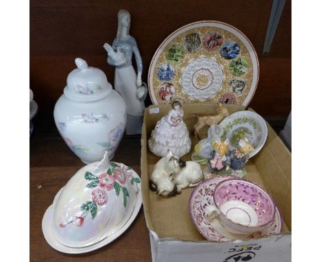 Three Royal Doulton Brambly Hedge figures, a Royal Worcester figure, Lady Sophie, a Royal Doulton cat figure group, a Beswick