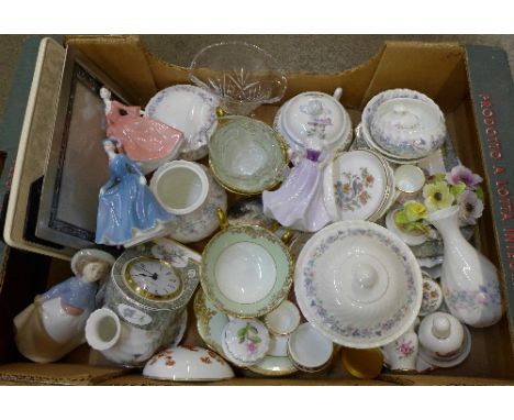 Decorative china; Wedgwood Angela pattern, Hummingbird dish, four biscuit cups and saucers, a Nao figure, three Coalport figu