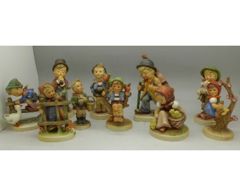 A collection of ten Hummel figures, including Chick Girl, The Lost Sheep, Little Cellist, Apple Tree Boy and Girl, etc.