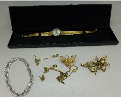 Opal set jewellery, a silver bracelet and a plated wristwatch