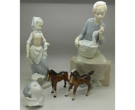 Two Beswick foals, two Nao figures and a Lladro winged cherub