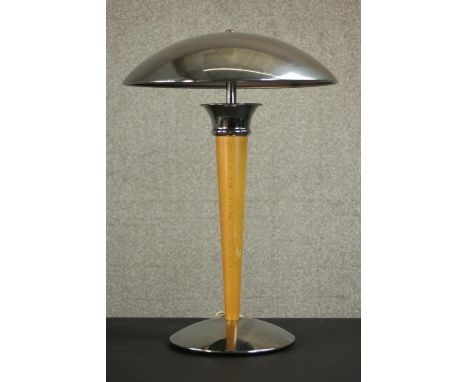 A mid century chrome and lacquered beech UFO design table lamp with chrome domed shade. H.46 Dia.34cm. 