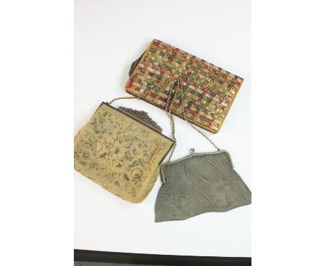 Three antique and vintage evening bags, including a Platinin mesh purse with amethyst sugar loaf cabochons to the clip clasp,