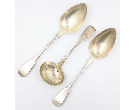 Pair of silver fiddle pattern tablespoons by Edward Farrell London 1817 and a sauce ladle by Charles Shipway London 1837 appr