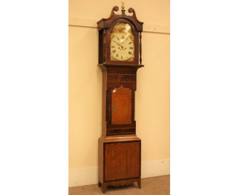 Early 20th century longcase clock, swan neck pediment above stepped arch glazed door, eight day movement, enamel dial painted