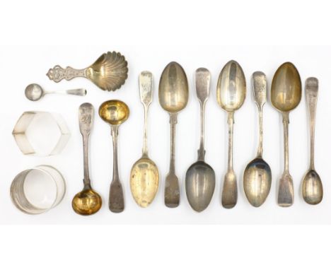 Victorian silver caddy spoon by Hilliard & Thomason Birmingham 1855, pair salt spoons, other spoons and napkin rings all hall
