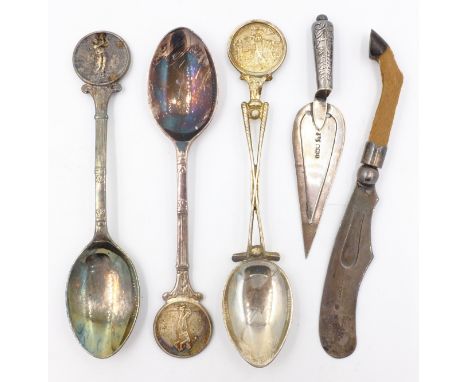 Victorian silver bookmark Birmingham 1898, trowel bookmark and three silver golf spoons all hallmarked   Condition Report   C