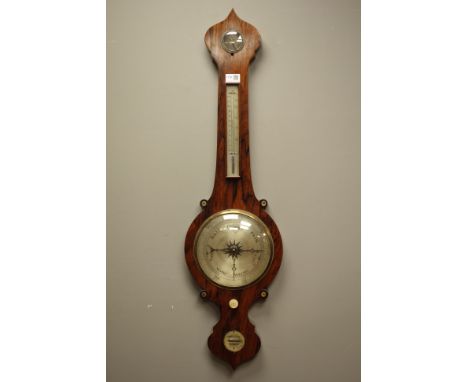 Early 19th century rosewood aneroid barometer, wheel shaped with onion top, dry/damp gauge, mercury thermometer, H98cm   Cond