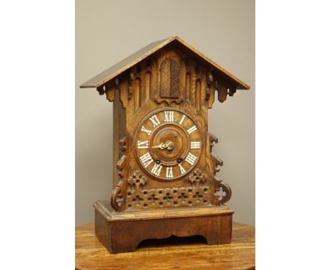 Late 19th century Black Forest cuckoo mantel clock, three note with shelf trumpeter, made by Hettich and Son Furtwangen, move