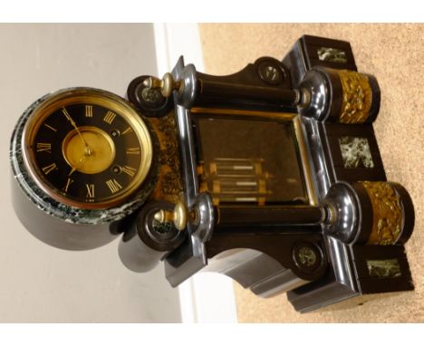 19th Century black slate and marble mantle clock, twin train movement striking the half hours on a bell, visible mercury pend
