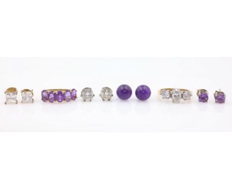 Five stone amethyst gold ring, three stone cubic zirconia gold ring both hallmarked 9ct and four pairs stud ear-rings   Condi