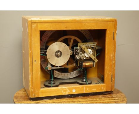 Gents' of Leicester Pul-Syn-Etic Impulse factory time clock with silvered day and time dials, in beech case, W46cm, H40cm, D2