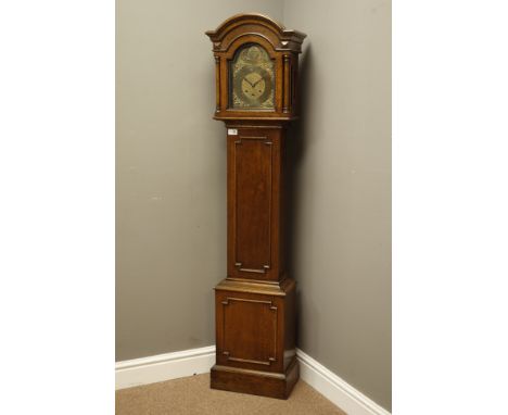 20th century oak grandmother clock, arched hood with glazed door, applied geometric beading to door and base, triple train dr