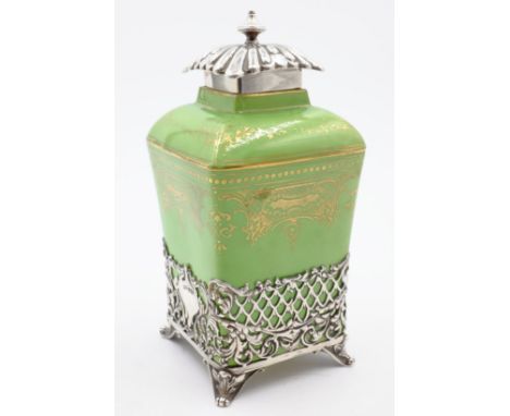 Edwardian silver loose mounted Coalport tea caddy by James Dixon &amp; Sons Sheffield 1906 15cm Condition Report Click here f