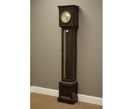20th century electric clock, silvered circular Arabic dial in glazed oak longcase style case with pendulum, H164cm   Conditio
