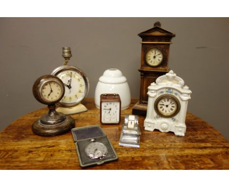 Mid 20th century 'Jaz' alarm clock lamp with glass shade, 20th century oak desk clock with H.A.C movement, porcelain clock. c