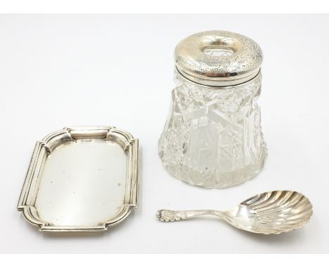 Silver pin tray by Walker & Hall Sheffield 1913,10cm, caddy spoon by Atkin Bros Sheffield 1903 and a dressing table jar hallm