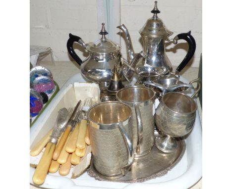 A pair of Eastern engine turned white metal mugs and matching tray; a selection of silver plate