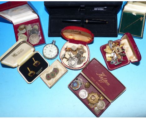 A quantity of costume jewellery; military badges; coins; a pocket watch; a Mont Blanc pen; etc.