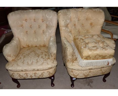 A pair of traditional semi-wing back armchairs in primrose damask, on cabriole legs; and a pouffe