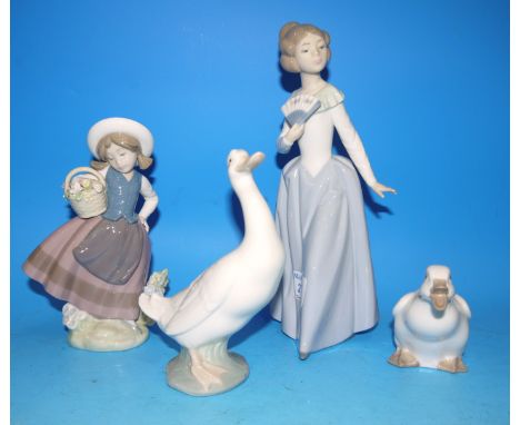 A Lladro figure:  girl with flowers; a Nao figure of a girl; 2 Nao geese