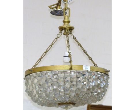 An Edwardian gilt metal circular light bowl with graduating cut glass lines of crystal, diameter 16"