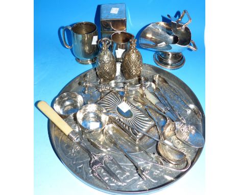 A fiddle pattern caddy spoon, London 1816; a pair of silver wishbone sugar nips, Birmingham 1928; a selection of sugar tongs 