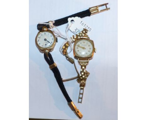 A ladies 9 carat hallmarked gold wristwatch on 9 carat gate bracelet, gross weight 13.7 gm; a similar wristwatch on black wov