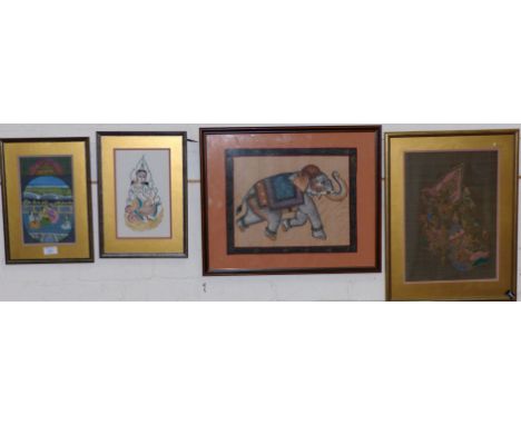 A Bali dancer picture; an Indian gouache of an elephant; and another; A watercolour, still life of flowers, framed as a fires