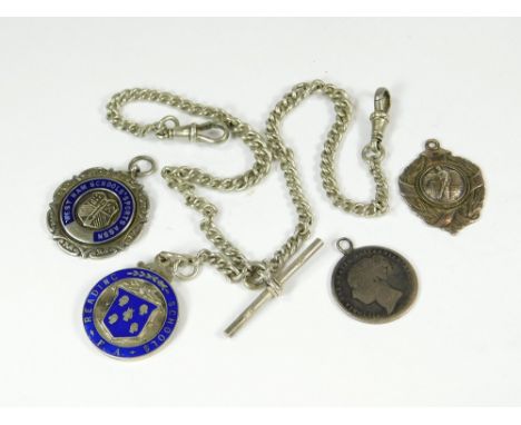 WATCH CHAIN & FOBS. A silver, curb link double watch chain with a 1920's silver & enamel Reading School Football Association 