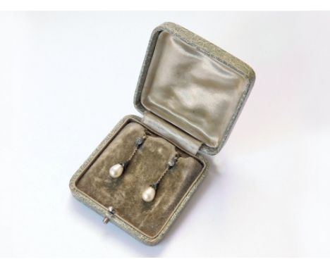 GOLD EARRINGS. A pair of 9ct. gold mounted, paste & faux pearl drop earrings in original case. Screw fittings.  Please note t