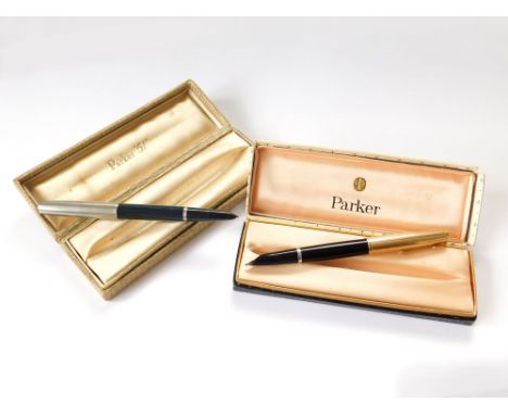 PARKER PENS. A black Parker 51 fountain pen with hooded nib & rolled gold cap. Also, one other blue Parker fountain pen with 