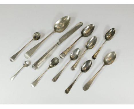 MISCELLANEOUS FLATWARE. Including condiment spoons, four picture-back teaspoons, a silver knife etc.  Please note that all it